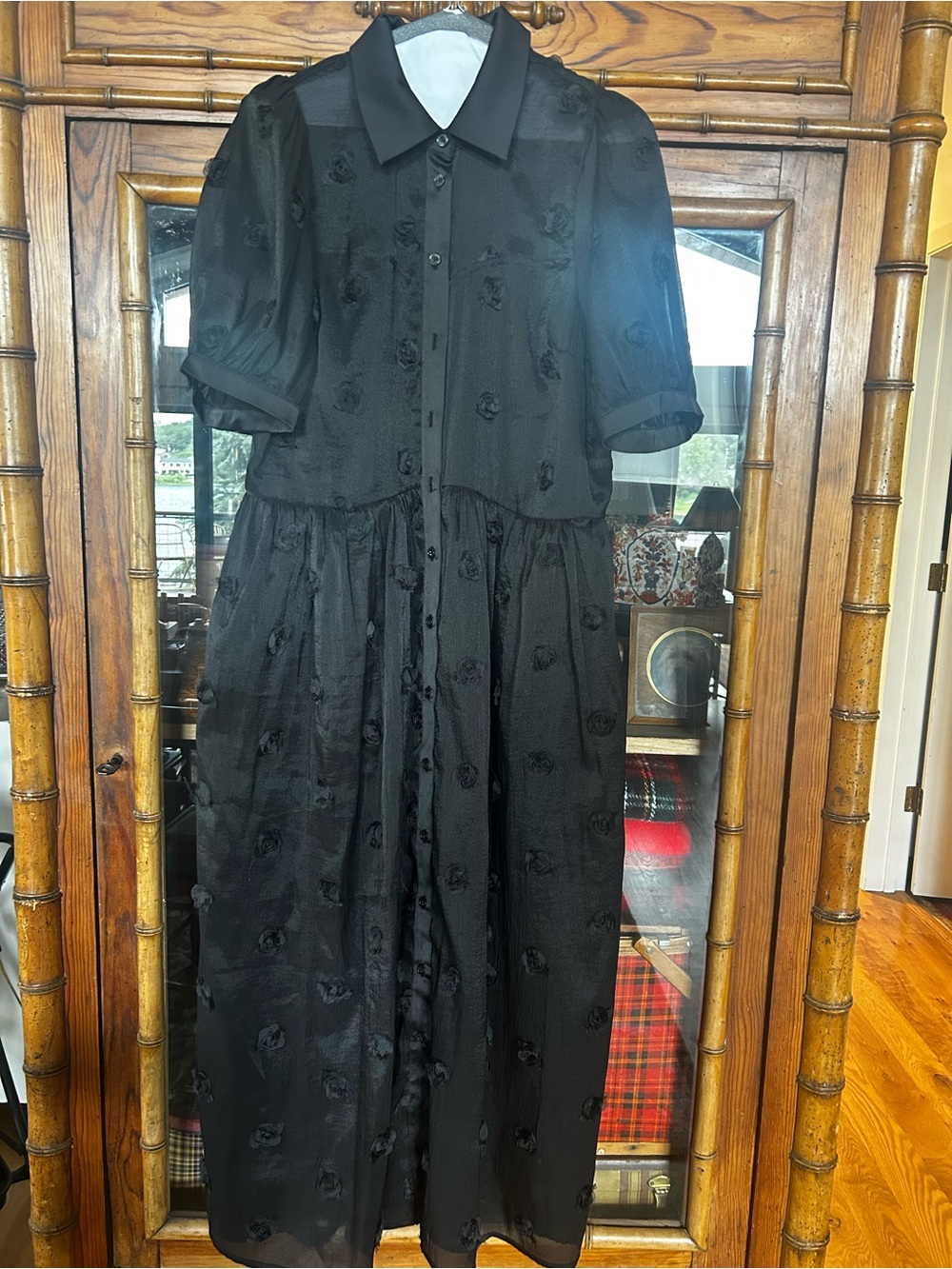 Black Floral Button-Front Maxi Dress with Short Puff Sleeves